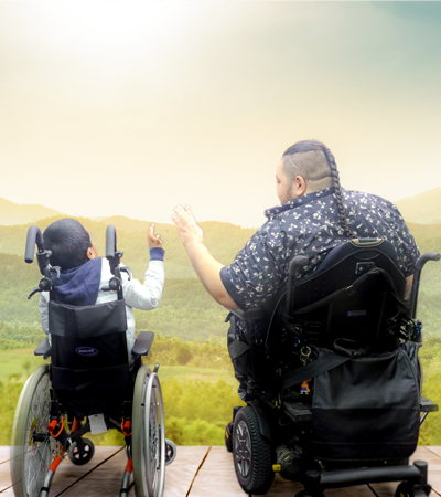The image is of an older and younger tagata sa'ilimalo in their wheelchairs looking out to the view of the mountains and l